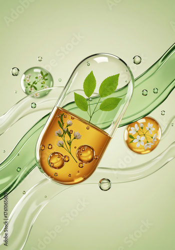 Natural Health Supplement Capsule with Plant Extracts, Green Leaves, Floral Elements, Wellness Concept.
