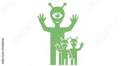 Green Alien Family: Tall One-Eyed Alien with Two Smaller Aliens Waving.