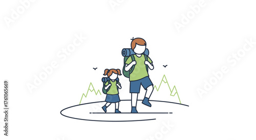 Stylized Cartoon Illustration of Two People Hiking with Backpacks.
