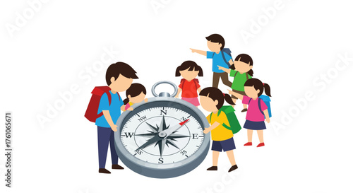 Illustrated group of young students with backpacks gathered around a large navigational compass.
