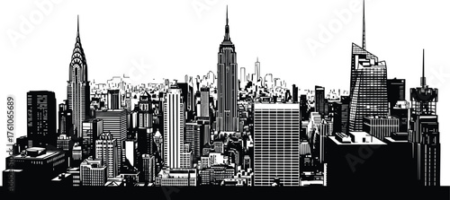 New York City skyline, black and white illustration, Empire State Building, urban architecture, iconic buildings, detailed cityscape, monochrome art, NYC