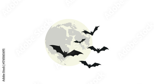A spooky flock of black bat silhouettes flying across a large detailed full moon.