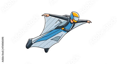 Wingsuit Flyer Soaring Through Air with Helmet and Suit.