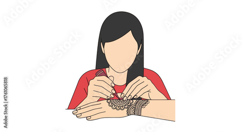 Stylized illustration of woman handcrafting intricate bracelet.