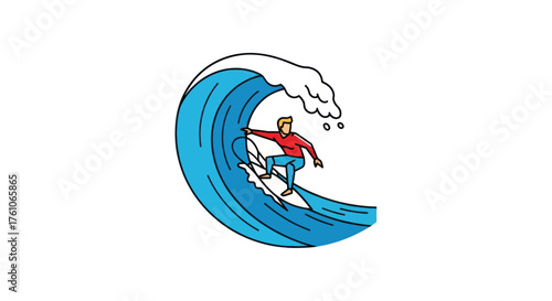 Surfer riding a large blue wave with white foam cresting.