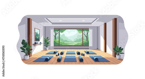 Bright Yoga Studio with Mats Bolsters and Forest View.