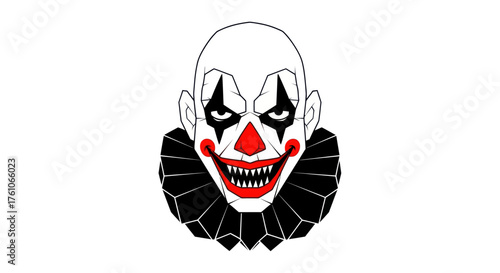 Creepy Clown Face Illustration with Sharp Teeth and Ruffled Collar.