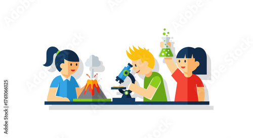 Children engaged in a science experiment with a volcano and microscope.