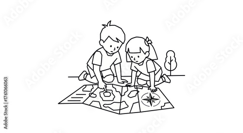 Two cartoon children a boy and a girl kneeling on the ground while studying a large adventure map.