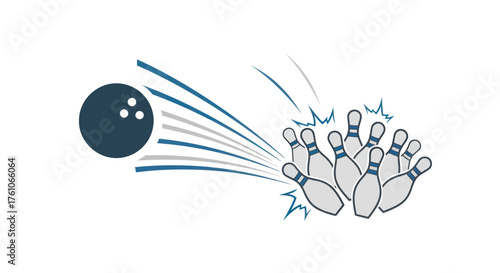 Bowling Ball Strikes Pins with Motion Lines Illustration.