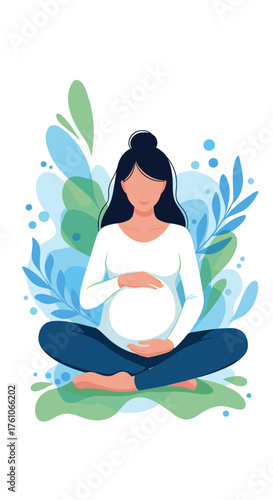 A pregnant woman sits in a yoga pose surrounded by nature inspired elements.