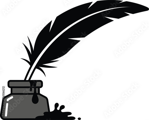 Classic feather pen dipped in ink bottle symbol capturing the essence of writing and literature flat design vector illustration isolated on transparent background