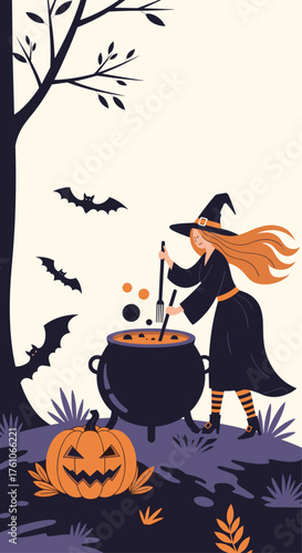 A witch stirring a bubbling cauldron in a spooky forest with bats flying around.
