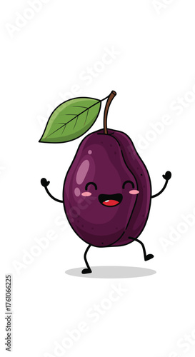 This happy little plum is dancing with joy and a big smile.