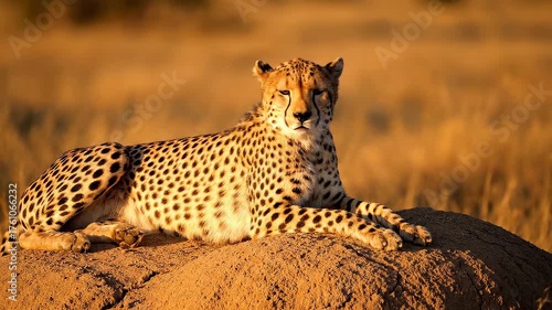 A graceful cheetah rests on a mound of earth bathed in warm golden sunlight on the African savanna