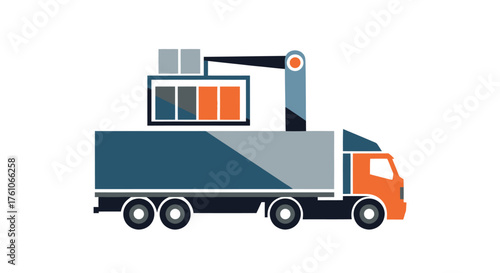 Stylized cargo truck with a crane arm loading a modular battery with a charge level indicator.