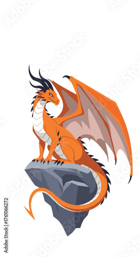 An majestic orange dragon perched upon a rocky outcrop surveying its domain.