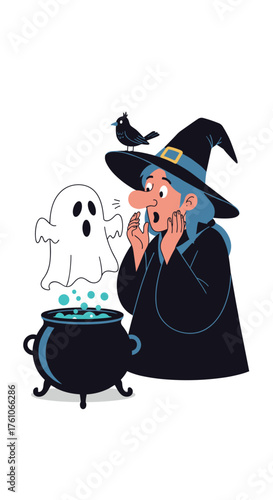 A surprised witch watches a ghost emerge from her bubbling cauldron during a spooky Halloween night.