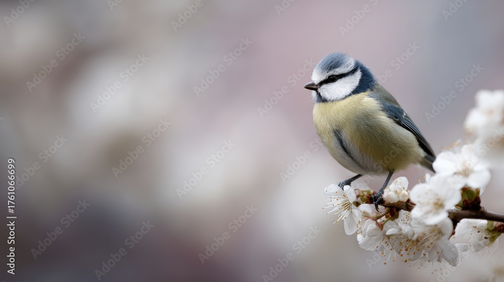 Naklejka premium Tiny blue tit, perched, blooming tree, nature