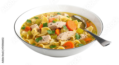 Hot steaming chicken noodle soup with chicken pieces, vegetables, and pasta in a white bowl with a spoon, isolated on transparent background