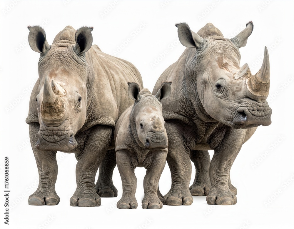 Obraz premium Rhinoceros family standing together on white background