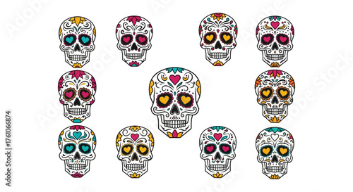 Sugar skulls illustration for day of the dead celebration designs featuring colorful floral patterns perfect for festive culture and traditions.