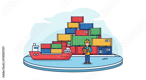 Shipping industry inspector with cargo containers checking manifest for export logistics maritime trade global supply chain management and industrial efficiency