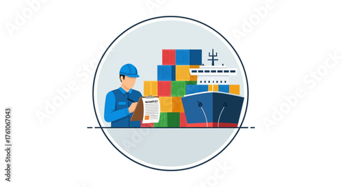shipping manifest inspection port worker checks cargo containers against manifest near ship illustrating global trade  logistics for infographics