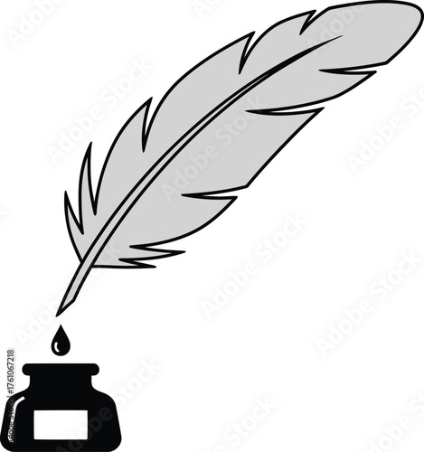 Classic quill pen and inkwell symbolizing writing creativity literature and history flat design vector illustration isolated on transparent background