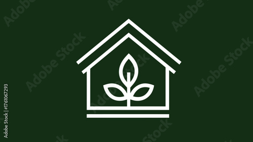 Eco-friendly house with plant line icon. Sustainable home, green living, nature, environment, and growth symbol on dark green.