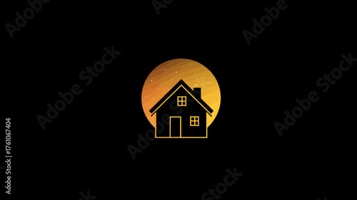 Stylized golden house icon with textured circle on a black background. Modern graphic concept of home, property, or real estate.
