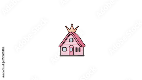 Whimsical pink house illustration with a golden crown, cute cartoon fairytale home icon on a clean white background