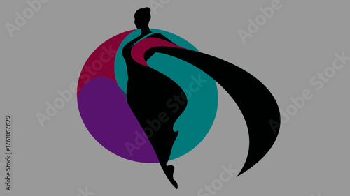 Elegant abstract silhouette of a graceful female figure with flowing fabric against a vibrant circular background, artistic vector design.