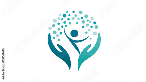 Abstract illustration of caring hands supporting a thriving human figure surrounded by radiating circles, symbolizing health, well-being, community, and growth.