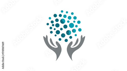 Abstract vector graphic of hands cradling a network of blue and teal dots, symbolizing community, connection, care, data, science, and innovation.