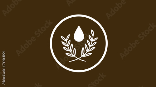 Minimalist circular icon with water droplet and organic leaf branches on a brown background. Eco-friendly nature symbol design.