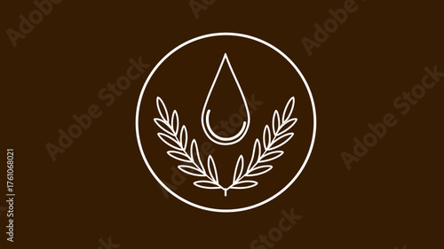 Natural essence icon: water drop with olive branches in a white circle on a brown background. Symbol for organic, pure, spa, wellness, and eco-friendly products.