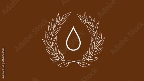 Elegant white line art laurel wreath with a drop symbol on a brown background, minimalist organic nature icon.