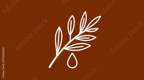 Minimalist leafy branch with falling liquid drop icon on brown background, representing natural organic ingredients, essence, or oil