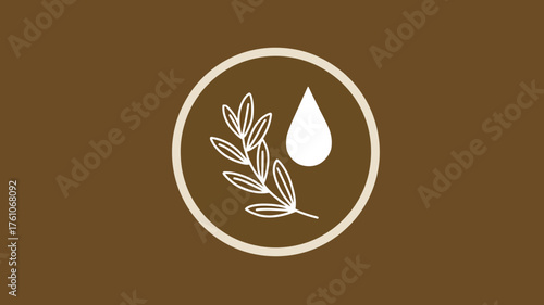 Botanical plant sprig and single drop icon, representing natural essence, essential oils, organic ingredients, or herbal extracts.