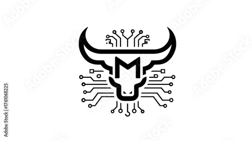 Modern digital bull head symbol with circuit board pattern and integrated letter M. Technology, financial market, and strength concept graphic.