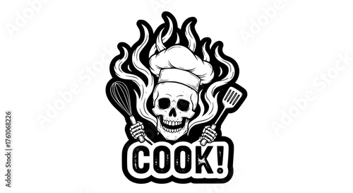 Spooky Skull Chef Cooking Flames Kitchen Utensils Creative Design