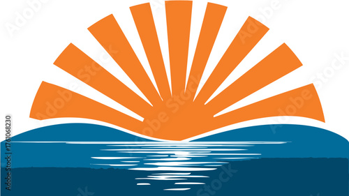 Abstract graphic illustration of a vibrant sunrise or sunset over calm ocean water, with radiant sun rays and a peaceful reflection.