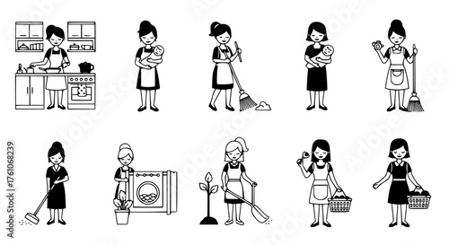 Set of Cartoon Illustrations of Household Chores and Duties