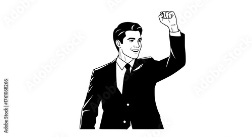 Man in a suit raises his fist in a triumphant gesture