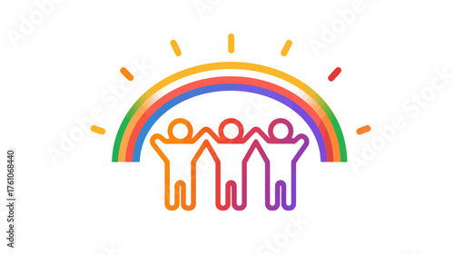 Stylized graphic of diverse people holding hands under a rainbow arch with sun rays, symbolizing friendship, unity, and optimism.