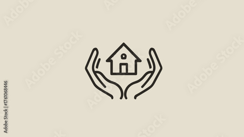 Minimalist line art icon: Cupped hands holding a house, symbolizing home protection, care, security, real estate, and property ownership.