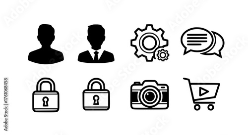 Collection of User Interface Icons Representing Profile Settings Security Media and Commerce