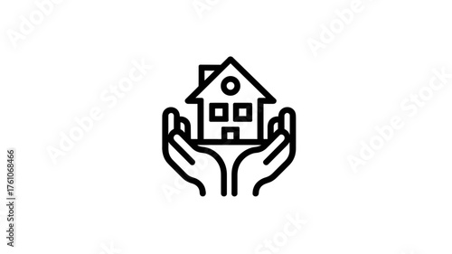 Home protection and real estate outline icon with hands holding a house. Concept for property, mortgage, insurance, and housing security.