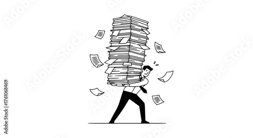 Overwhelmed Employee Struggling Under Heavy Paperwork Burden